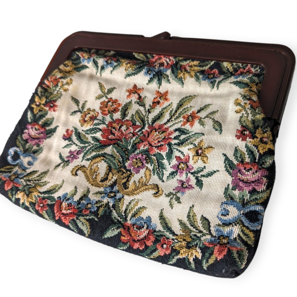 Vintage Tapestry Purse Clutch with Lucite Tortoiseshell Frame - Picture 2 of 8